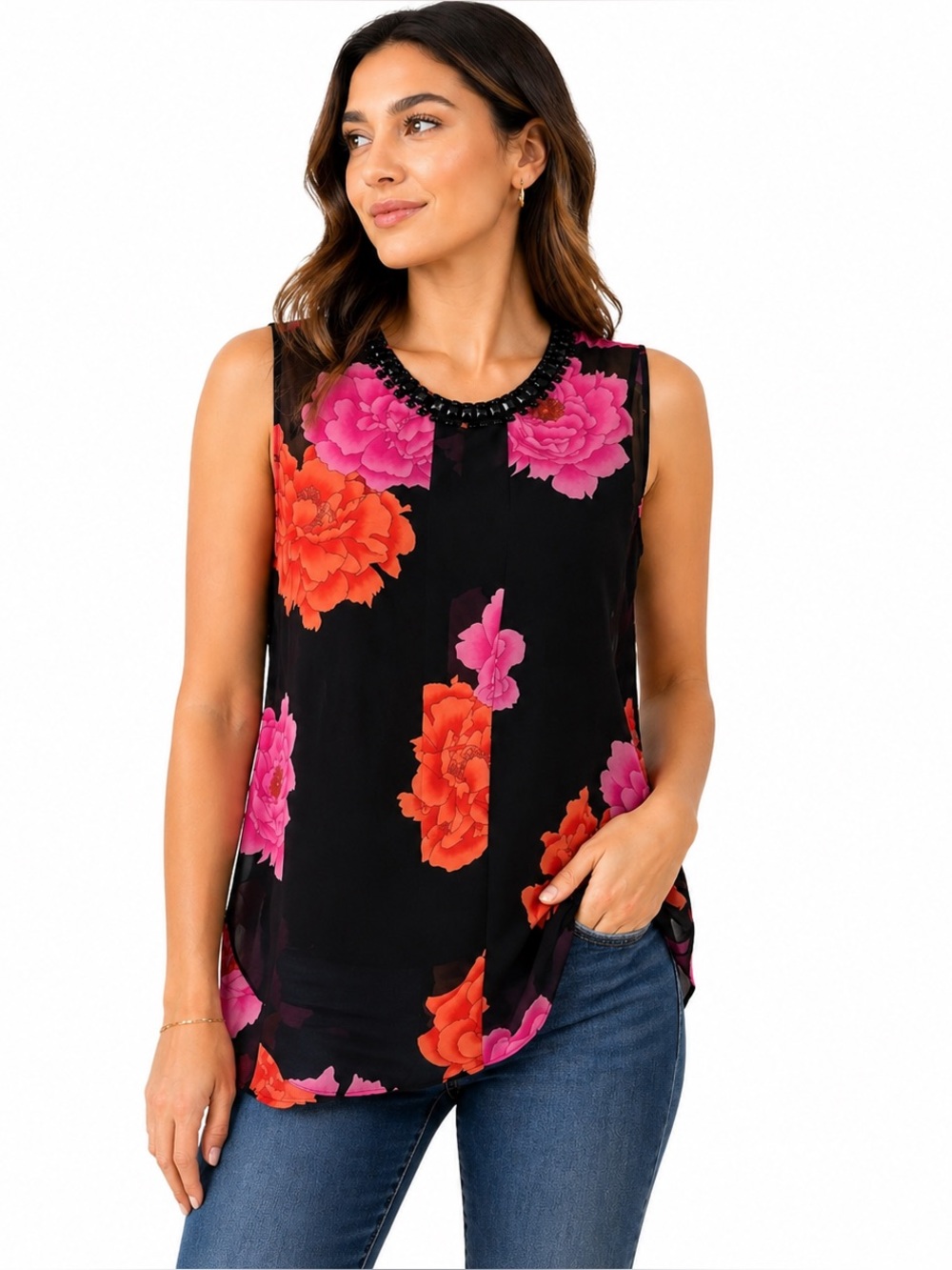 Vince Camuto Floral Sheer Jeweled Neck Blouse Cami Small
